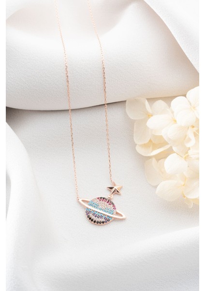 925 Ayar Gümüş Rose Renkli Taşlı Gezegen Kolye modelleri