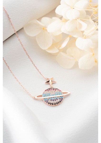 925 Ayar Gümüş Rose Renkli Taşlı Gezegen Kolye fırsatları