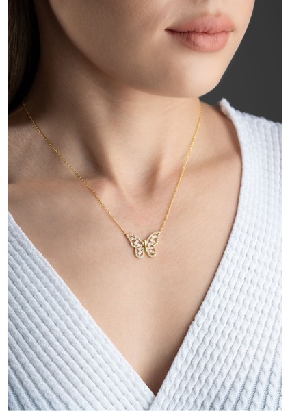 925 Ayar Gümüş Gold Baget Kelebek Kolye