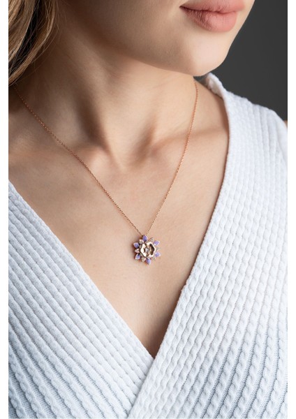 925 Ayar Gümüş Mor Mineli Lotus Çiçeği Kolye