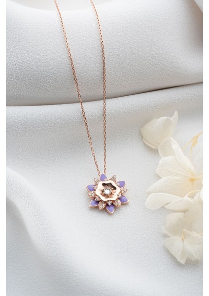 925 Ayar Gümüş Mor Mineli Lotus Çiçeği Kolye modelleri