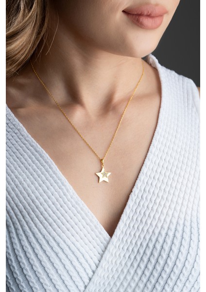 925 Ayar Gümüş Gold Zirkon Taşlı Yıldız Kolye