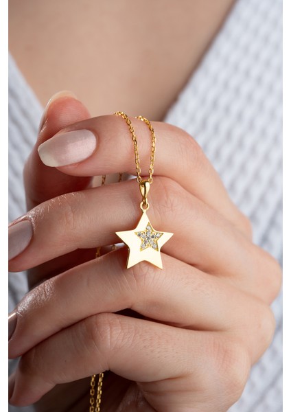 925 Ayar Gümüş Gold Zirkon Taşlı Yıldız Kolye fiyatları