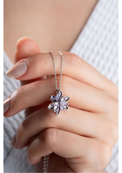 925 Ayar Gümüş Mor Lotus Çiçeği Kolye modelleri