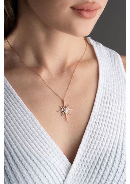 925 Ayar Gümüş Rose Zirkon Taşlı Kutup Yıldızı Kolye