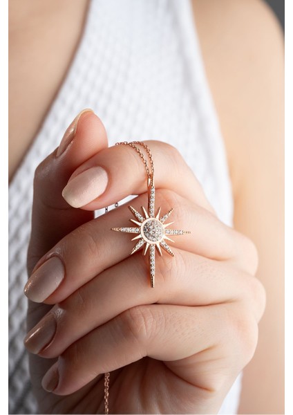 925 Ayar Gümüş Rose Zirkon Taşlı Kutup Yıldızı Kolye fiyatları