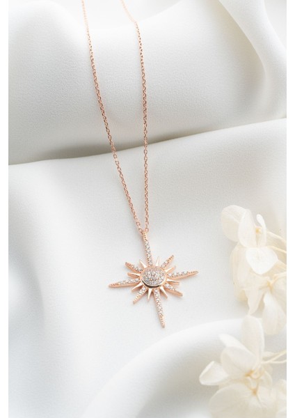 925 Ayar Gümüş Rose Zirkon Taşlı Kutup Yıldızı Kolye modelleri