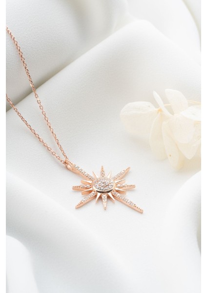 925 Ayar Gümüş Rose Zirkon Taşlı Kutup Yıldızı Kolye fırsatları