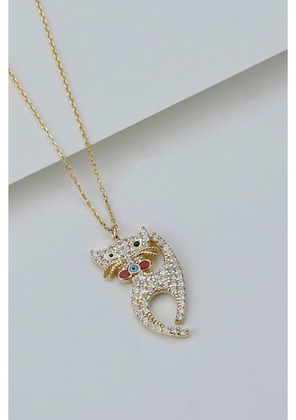 925 Ayar Gümüş Nazarlı Kedicik Kolye