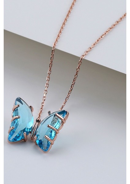 925 Ayar Gümüş Rose Turkuaz Cam Kelebek Kolye