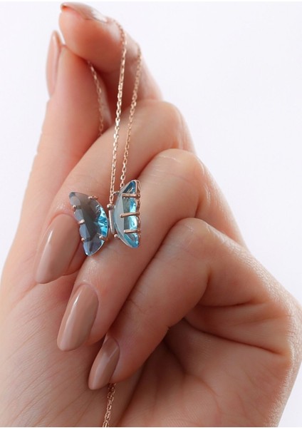 925 Ayar Gümüş Rose Turkuaz Cam Kelebek Kolye fiyatları