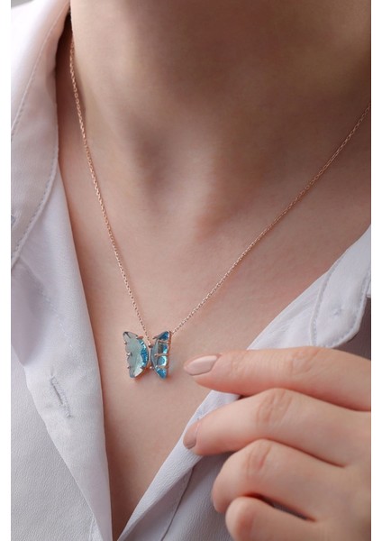 925 Ayar Gümüş Rose Turkuaz Cam Kelebek Kolye modelleri