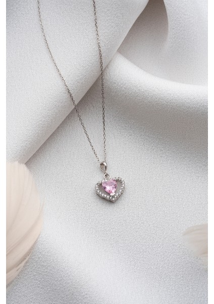 925 Ayar Gümüş Pembe Taşlı Kalp Kolye