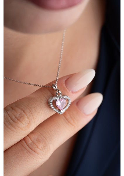 925 Ayar Gümüş Pembe Taşlı Kalp Kolye modelleri