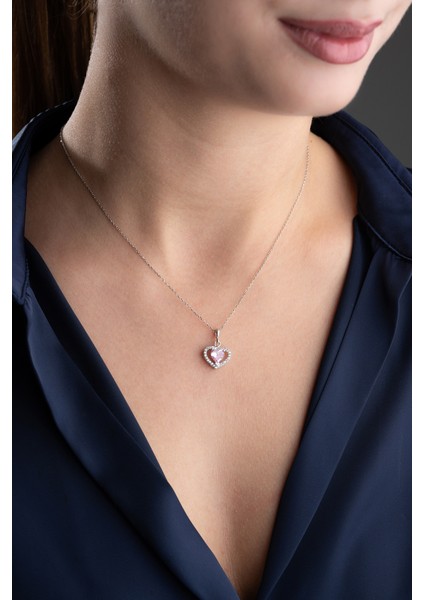 925 Ayar Gümüş Pembe Taşlı Kalp Kolye fırsatları