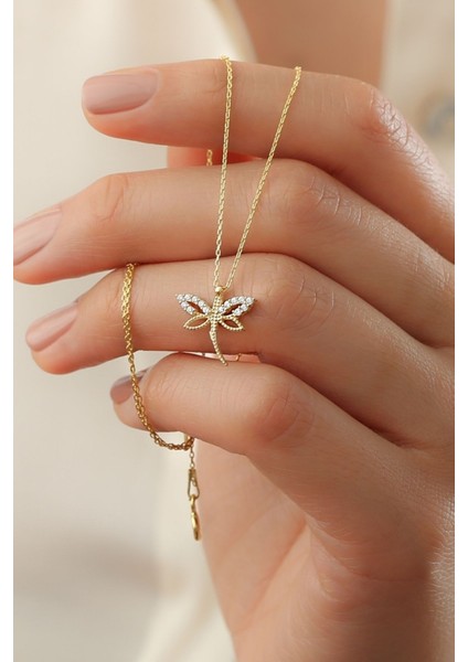 925 Ayar Gümüş Gold Zirkon Taşlı Minimal Yusufçuk Kolye fiyatları