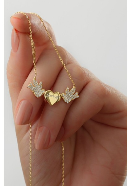 925 Ayar Gümüş Kişiye Özel Kalpli Kuşlar Kolyesi