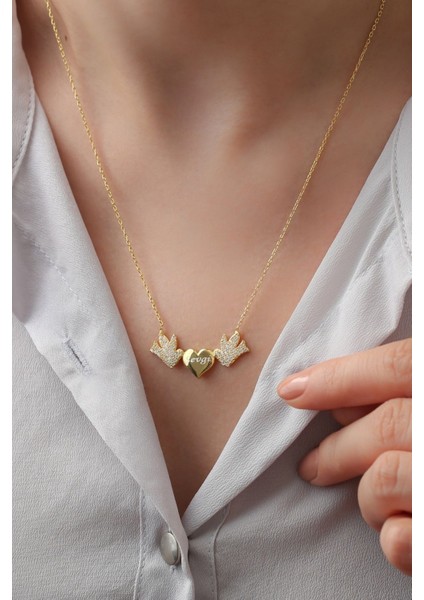 925 Ayar Gümüş Kişiye Özel Kalpli Kuşlar Kolyesi fiyatları