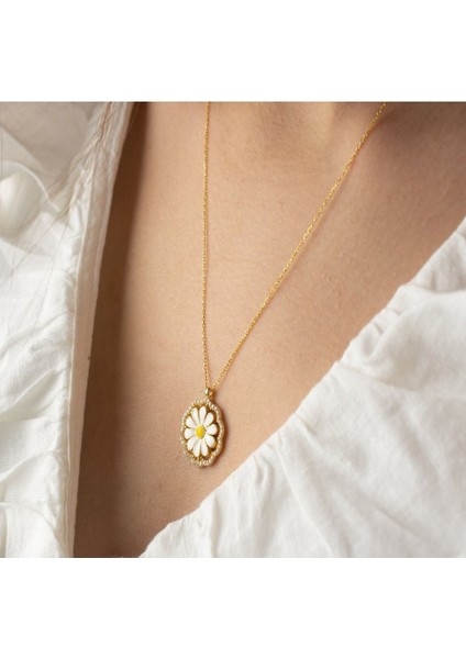 925 Ayar Taşlı Papatya Gold Gümüş Kolye