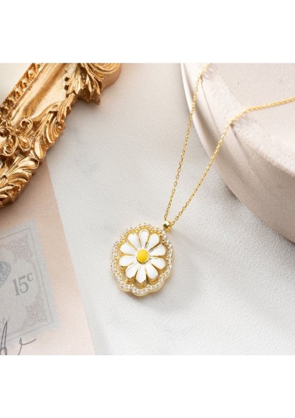 925 Ayar Taşlı Papatya Gold Gümüş Kolye modelleri