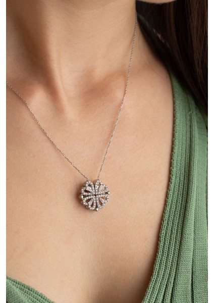 925 Ayar Gümüş Kaplama Mıknatıslı Ayrılabilir 4 Kalpli Yonca Kolye fiyatları