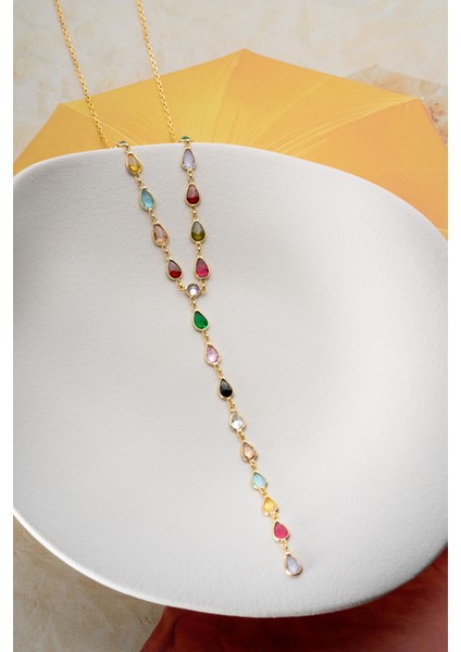 925 Ayar Gümüş Mix Taşlı Damla Y Kolye