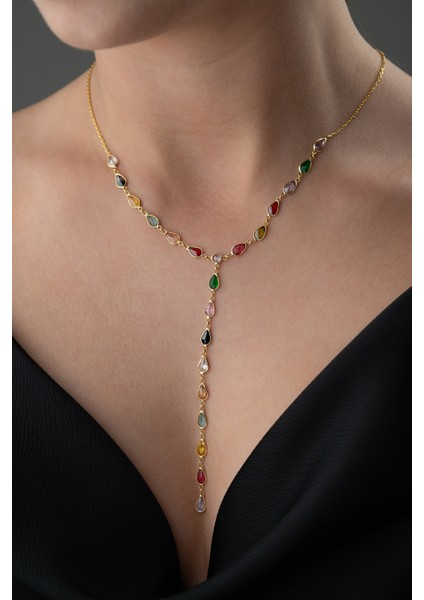 925 Ayar Gümüş Mix Taşlı Damla Y Kolye fiyatları