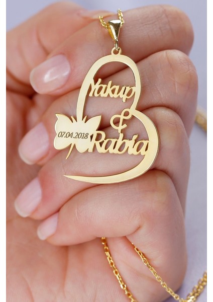 925 Ayar Gümüş Isimli Kelebekli Kalp Kolye