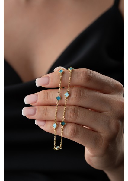 925 Ayar Gümüş Turkuaz Taşlı Yonca Kolye