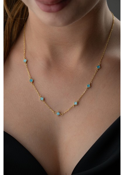 925 Ayar Gümüş Turkuaz Taşlı Yonca Kolye modelleri