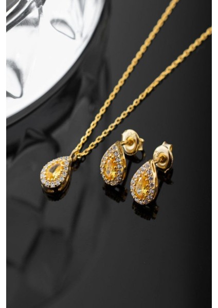 925 Ayar Gümüş Kasım Ayı Doğum Taşı ( Citrine ) Damla Kolye