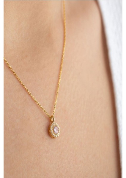 925 Ayar Gümüş Ekim Ayı Doğum Taşı ( Pink Tourmaline ) Kolye - Küpe Seti