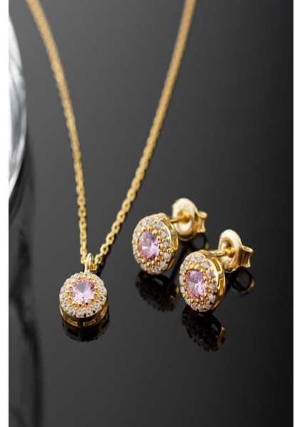 925 Ayar Gümüş Ekim Ayı Doğum Taşı ( Pink Tourmaline ) Kolye - Küpe Seti fırsatları