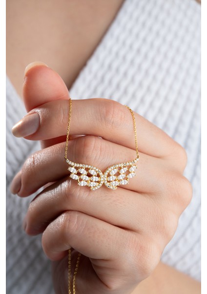 925 Ayar Gümüş Gold Baget Taşlı Kanat Kolye modelleri