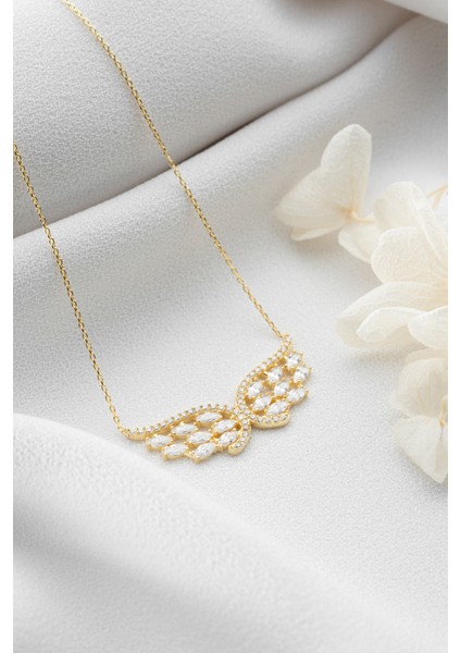 925 Ayar Gümüş Gold Baget Taşlı Kanat Kolye fırsatları