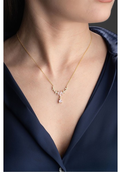 925 Ayar Gümüş Damla Taşlı Çiçek Kolye