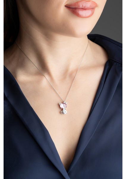 925 Ayar Gümüş Pembe Taşlı Kurdelalı Kedi Kolye