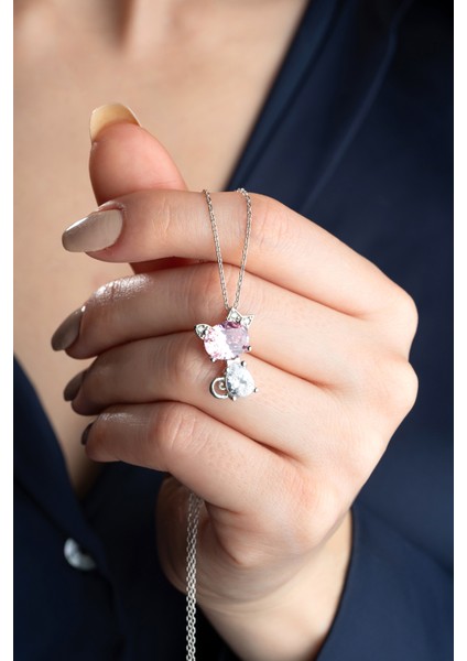 925 Ayar Gümüş Pembe Taşlı Kurdelalı Kedi Kolye fiyatları
