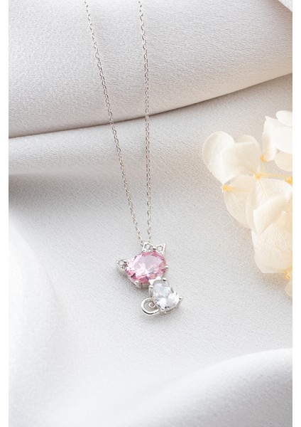 925 Ayar Gümüş Pembe Taşlı Kurdelalı Kedi Kolye modelleri