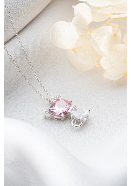 925 Ayar Gümüş Pembe Taşlı Kurdelalı Kedi Kolye fırsatları