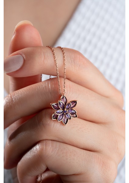 925 Ayar Gümüş Rose Mor Taşlı Lotus Kolye fiyatları