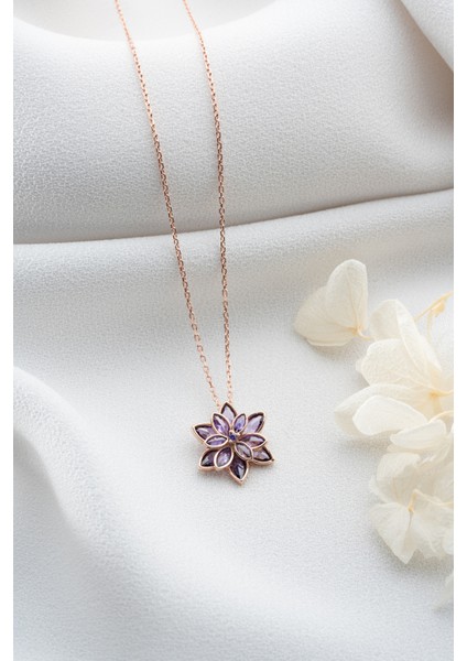 925 Ayar Gümüş Rose Mor Taşlı Lotus Kolye modelleri