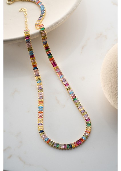 925 Ayar Gümüş Baget Renkli Taşlı Kolye fırsatları