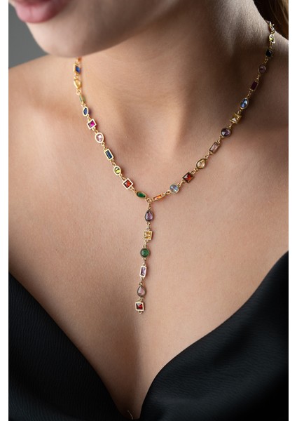 925 Ayar Gümüş Renkli Taşlı Y Zincir Kolye modelleri