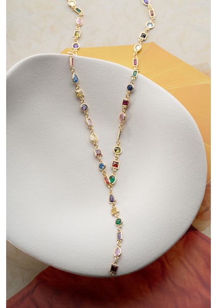 925 Ayar Gümüş Renkli Taşlı Y Zincir Kolye fırsatları