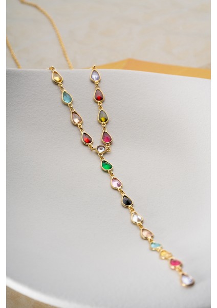 925 Ayar Gümüş Mix Taşlı Damla Y Kolye fırsatları