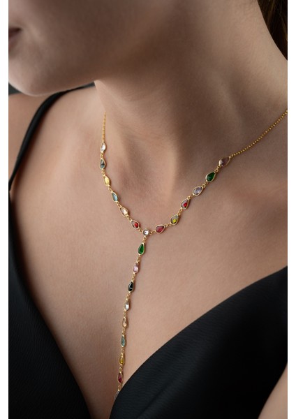 925 Ayar Gümüş Mix Taşlı Damla Y Kolye indirimleri