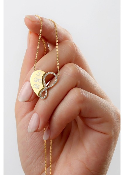 925 Ayar Gümüş Kişiye Özel Sonsuzluklu Taşlı Kalp Kolye