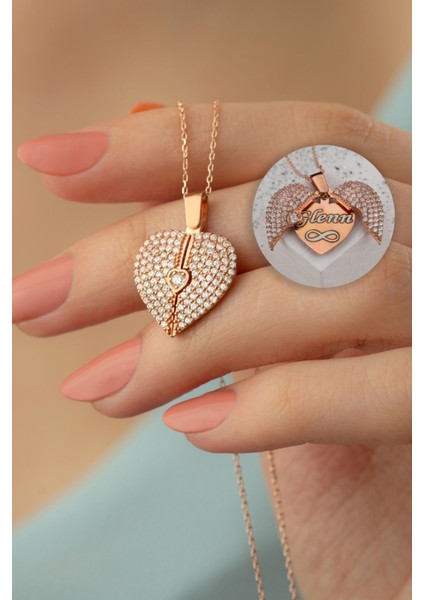 925 Ayar Gümüş Isimli Taşlı Açılır Kalp Kolye