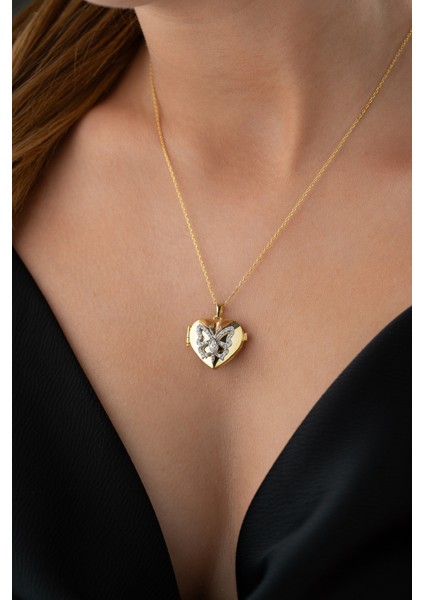 925 Ayar Gümüş Kalpli Kelebekli Resimlik Kolye